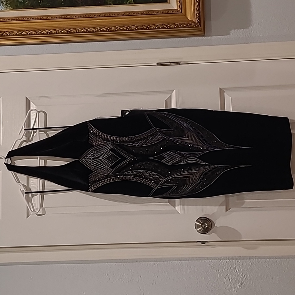 WOW Couture Black Velvet Sequin  Bodycon Halter Top Dress Size Small Art Deco